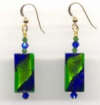Cobalt Blue and Emerald Green Murano Glass Rectangle Earrings